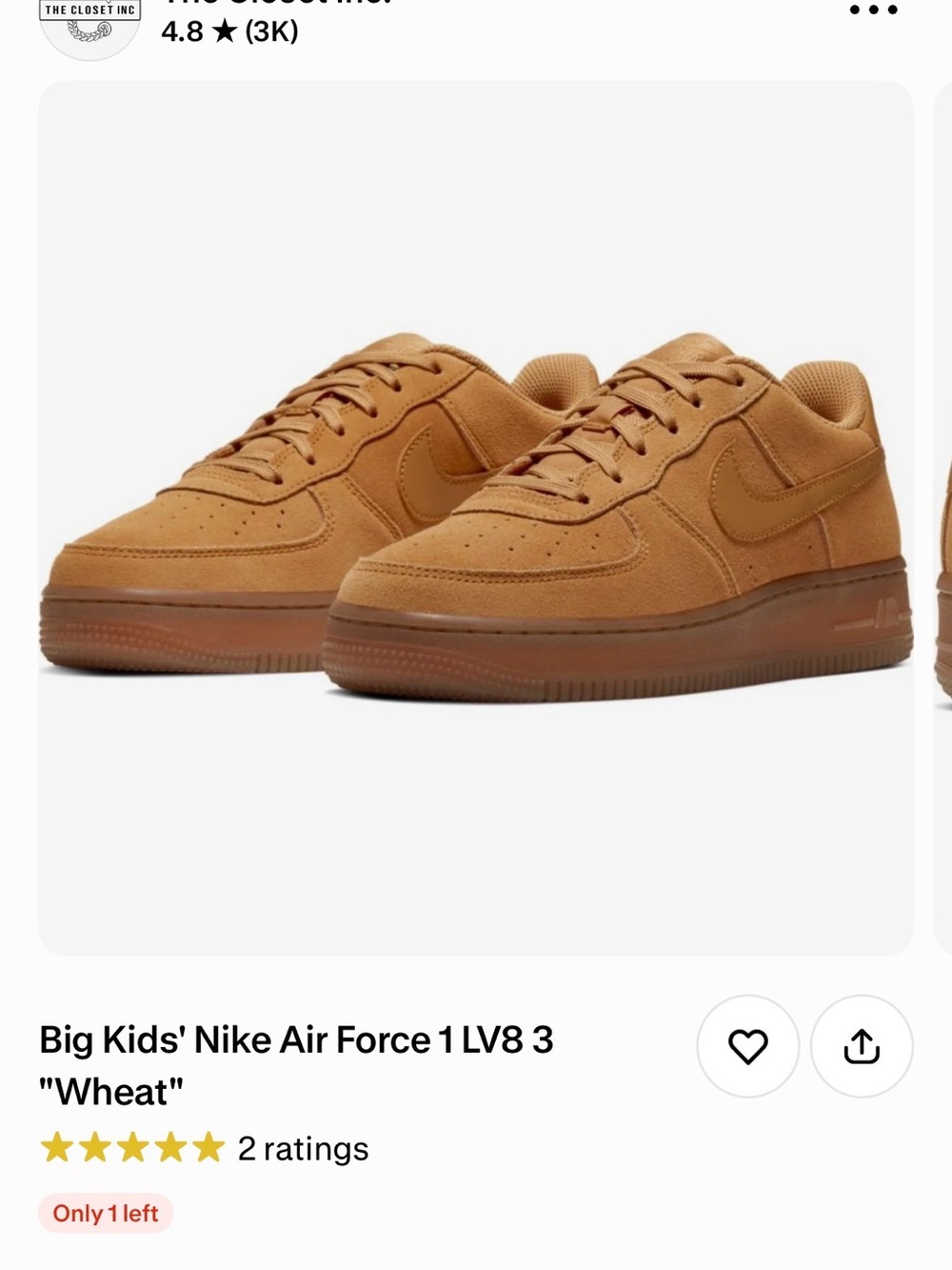 Nike Air Force 1 Low Top Sneakers - Wheat Tan - Big Kids 5.5 = Woman’s 7 - 7.5!